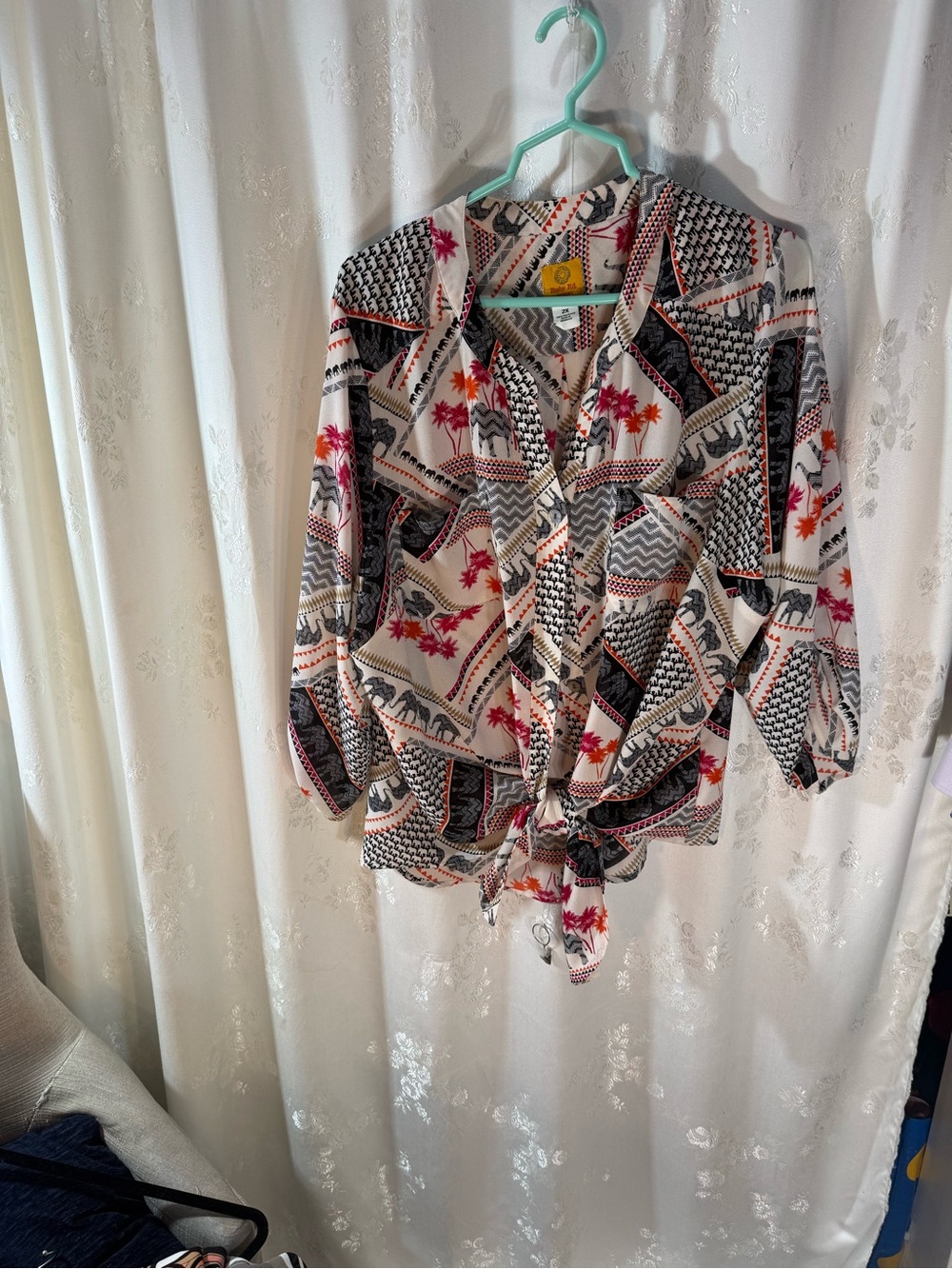 Ruby Rd. Bohemian Tie-Front Printed Blouse - Cream with Black & Pink Accents